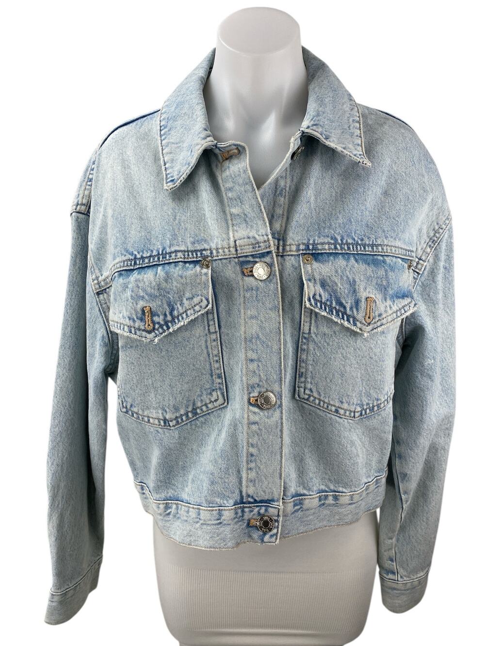 Zara Blue Acid Wash Long Sleeve Pockets Button Down Crop Denim Coat Jacket Sz S